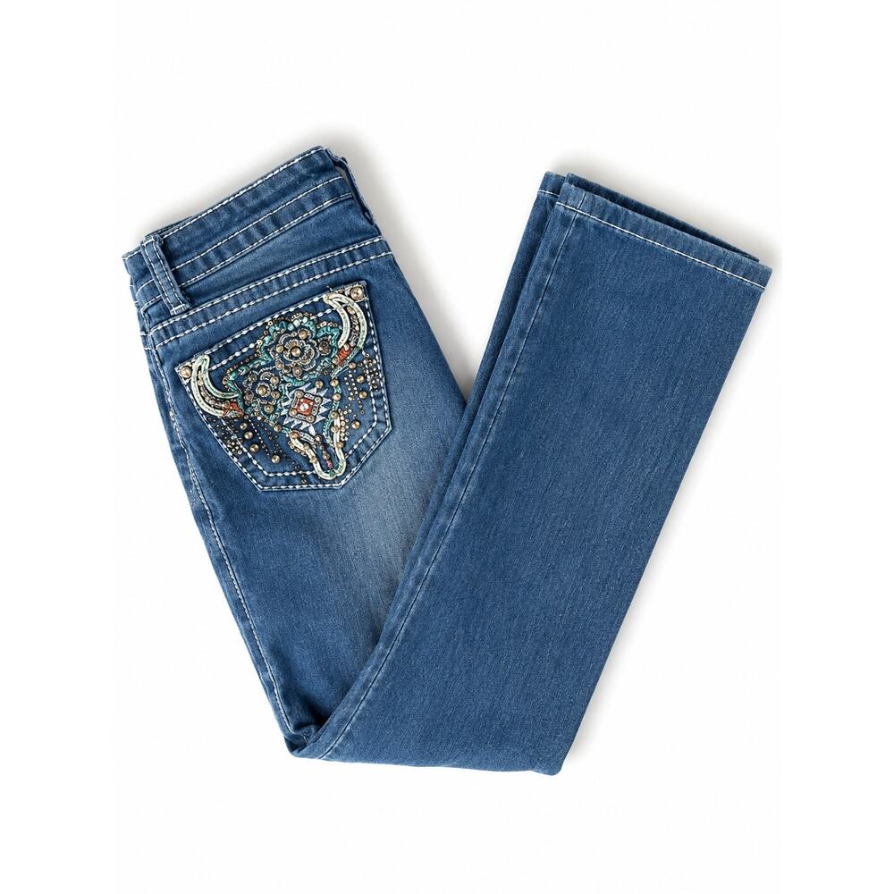 Sky Denim Jeans Women Embellished Rhinestone Studded Pocket Bootcut Y2K Sz 28